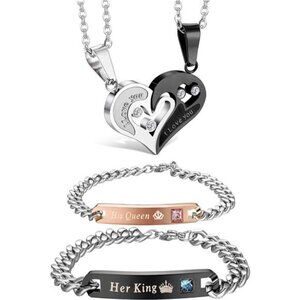 4Pcs Couple Necklace Bracelets Matching Set for Women Men Heart Pendant Necklace